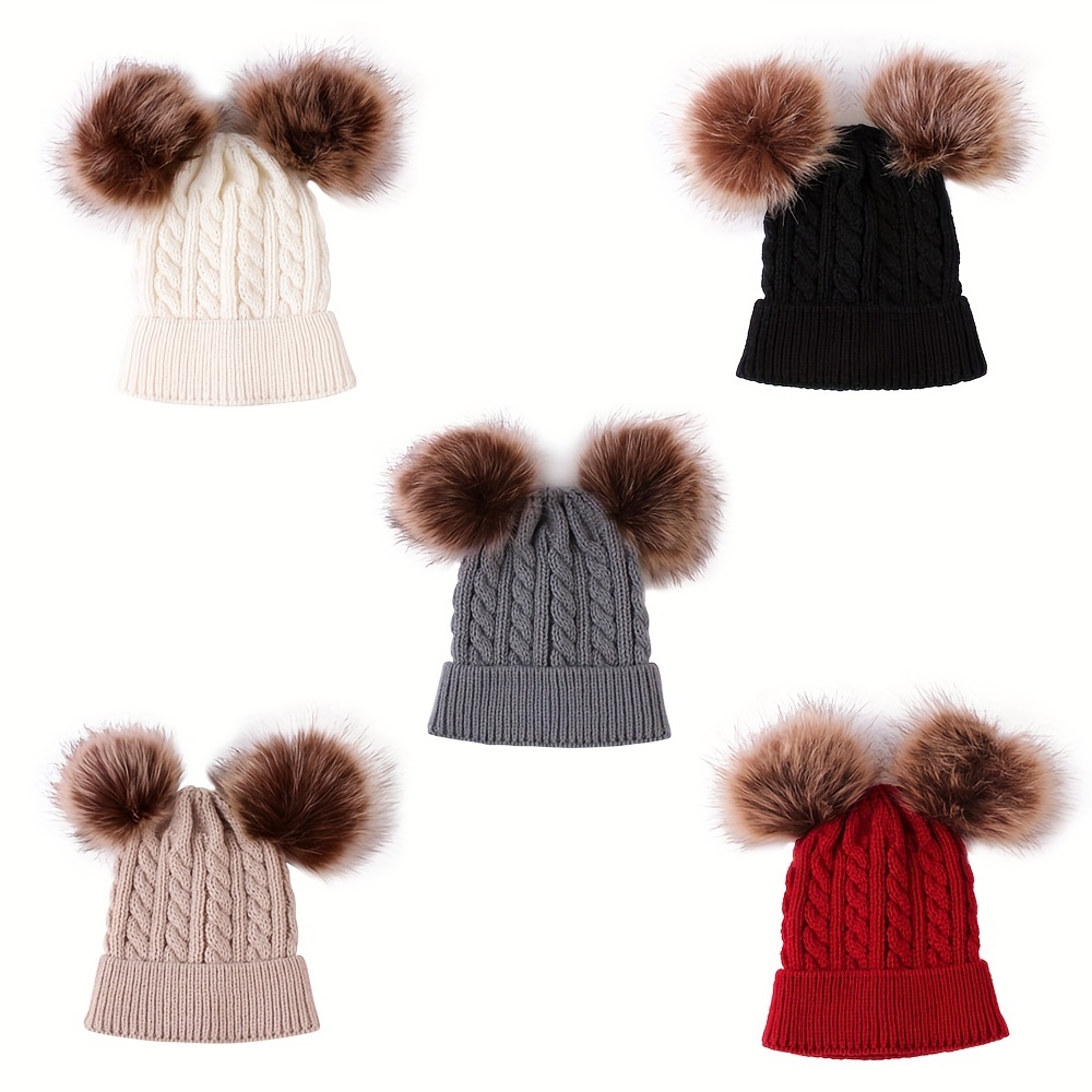 1pc Knitted Dual Ball Pom-pom Beanie Hat For Keeping Warm