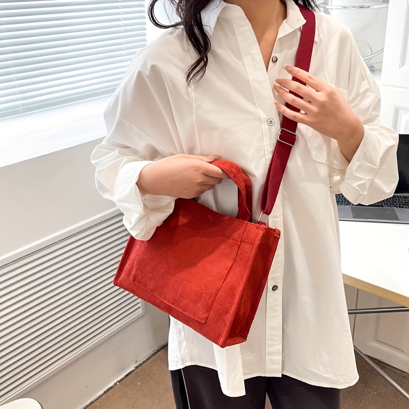 Corduroy Tote Bag For Women Retro Solid Color Satchel Purse