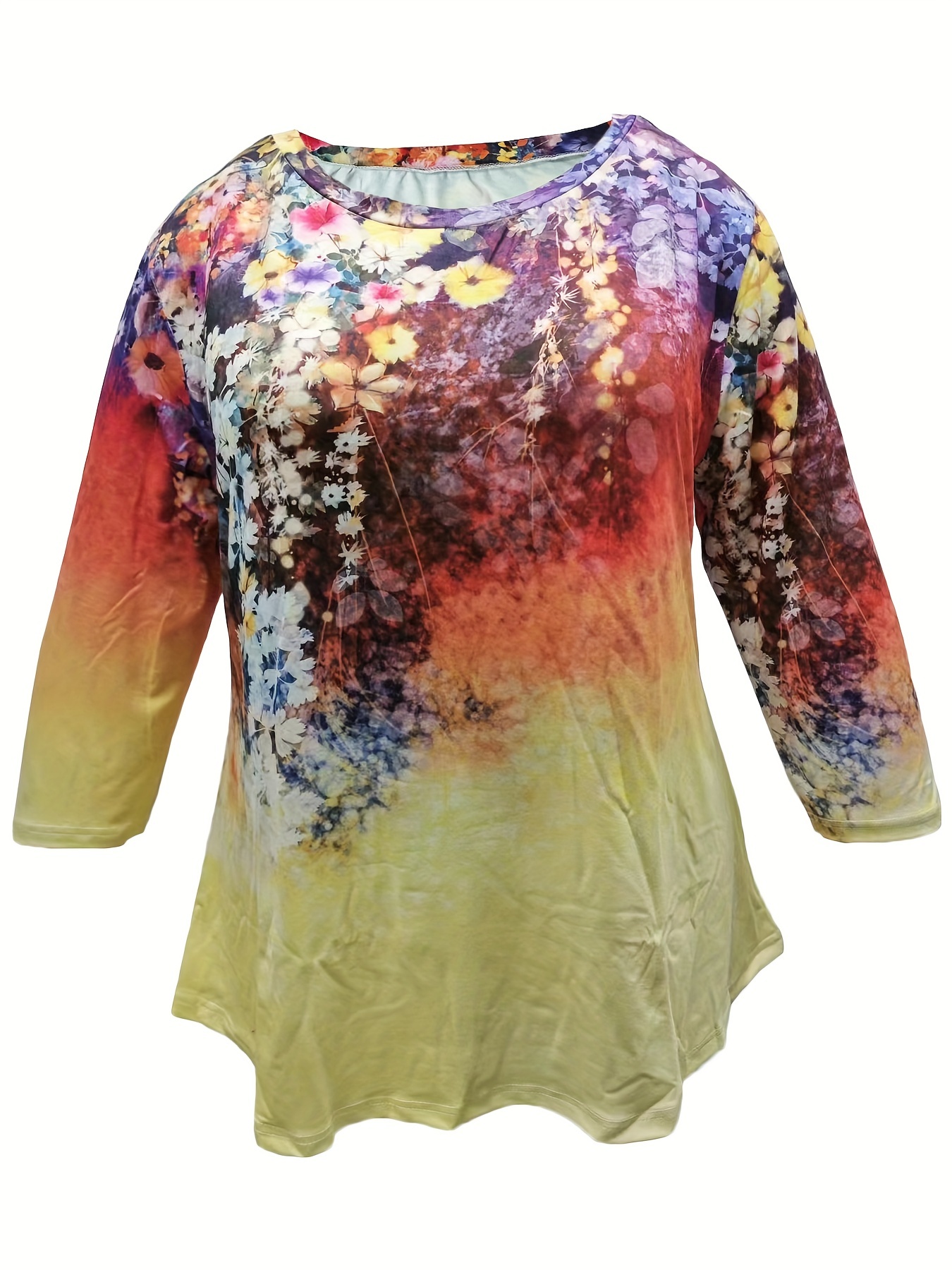 plus size casual top womens plus ombre floral print three quarter sleeve round neck medium stretch top