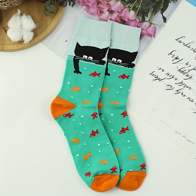 

Men's Trendy Cartoon Cat Pattern Crew Socks, Breathable Comfy Casual Street Style Unisex Socks For Men's Outdoor Wearing All Seasons Wearing