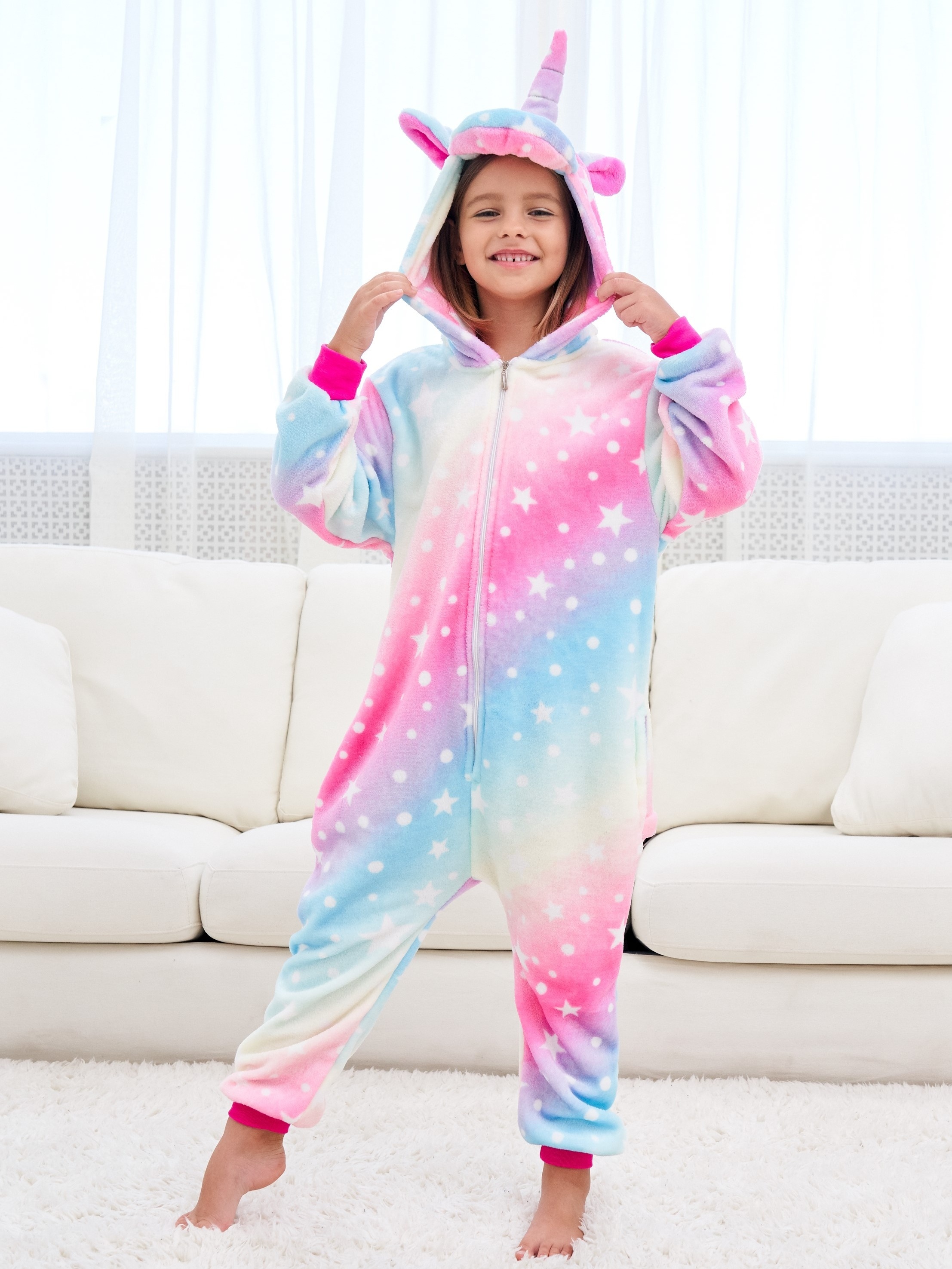 Cute Light Blue and Pink Rainbow Unicorn Hooded Pajama Onesie 