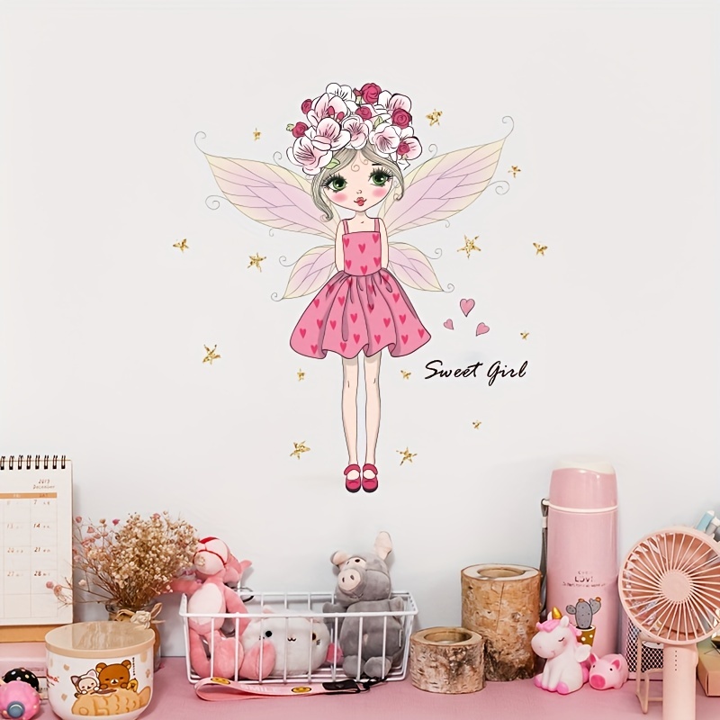 Sticker Mural Fille Elfe avec Fleurs Pour Chambre D'Enfants Fee