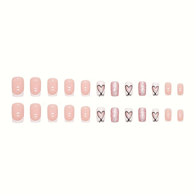 24pcs Glossy Heart Press On Nails with Golden Glitter Medium Square False Nails