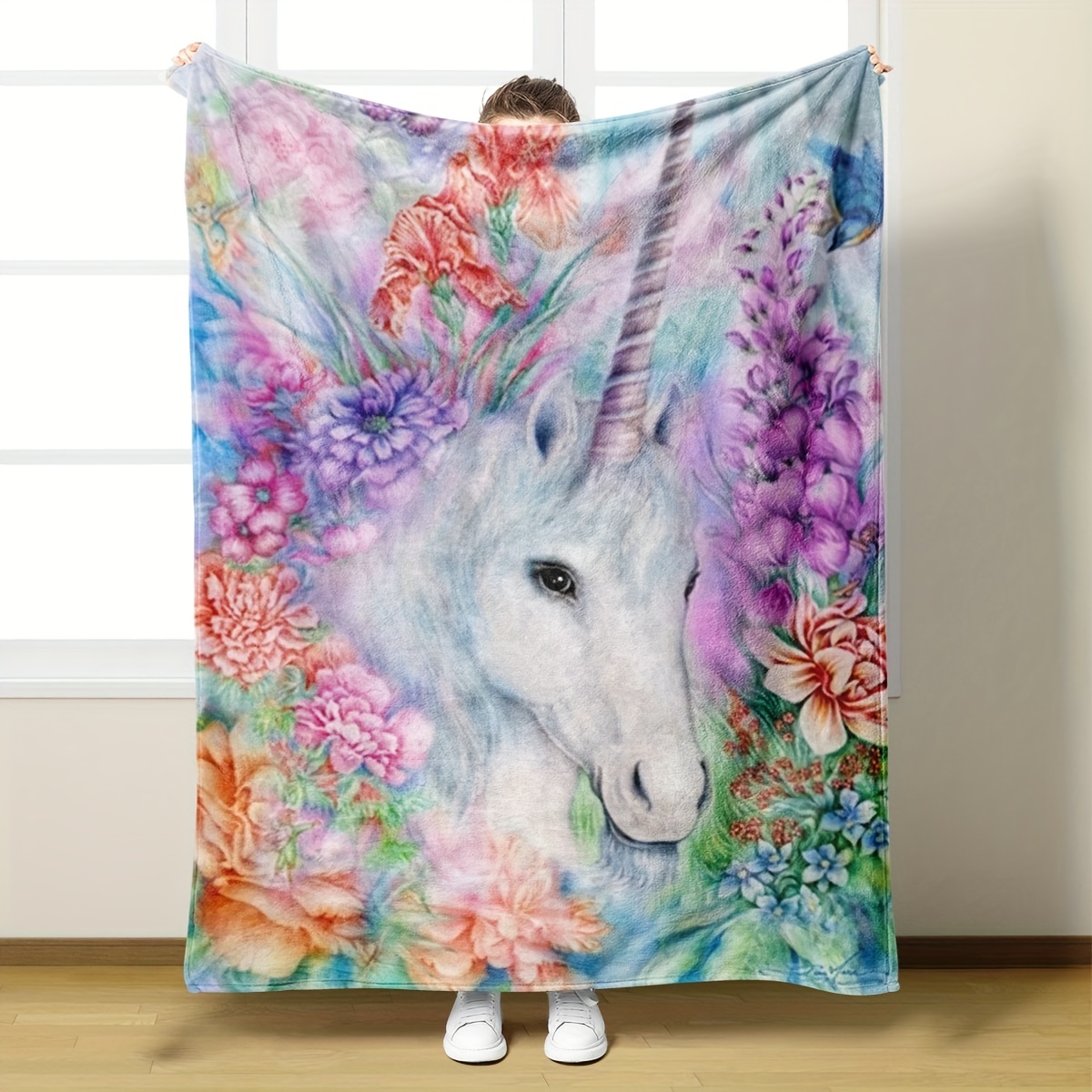 Unicorn Print Flannel Blanket Office Nap Blanket Shawl Temu