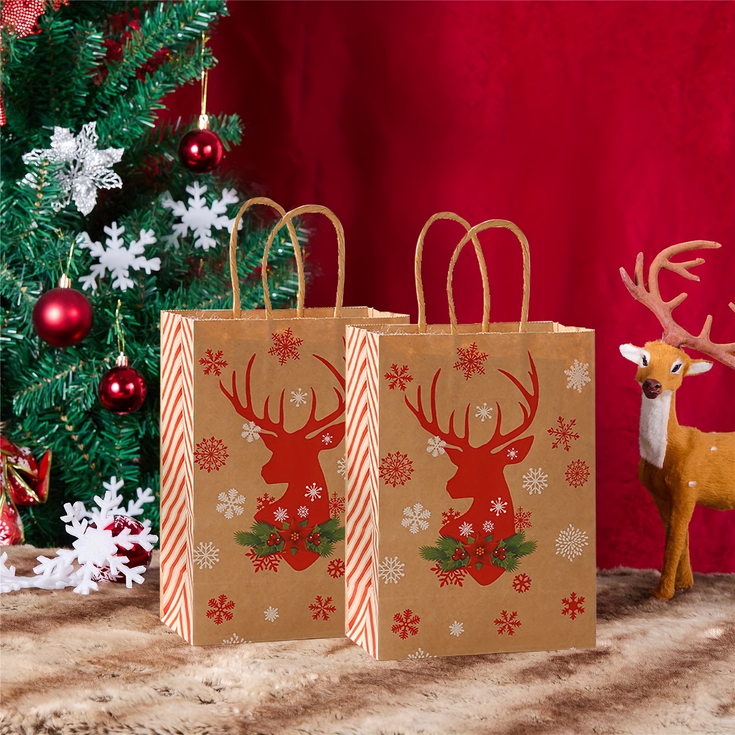 12pcs Small Christmas Gift Bags With Tissue Paper Christmas Gift Bags  Christmas Kraft Gift Bags For Holiday Paper Gift Bags，Party Favors