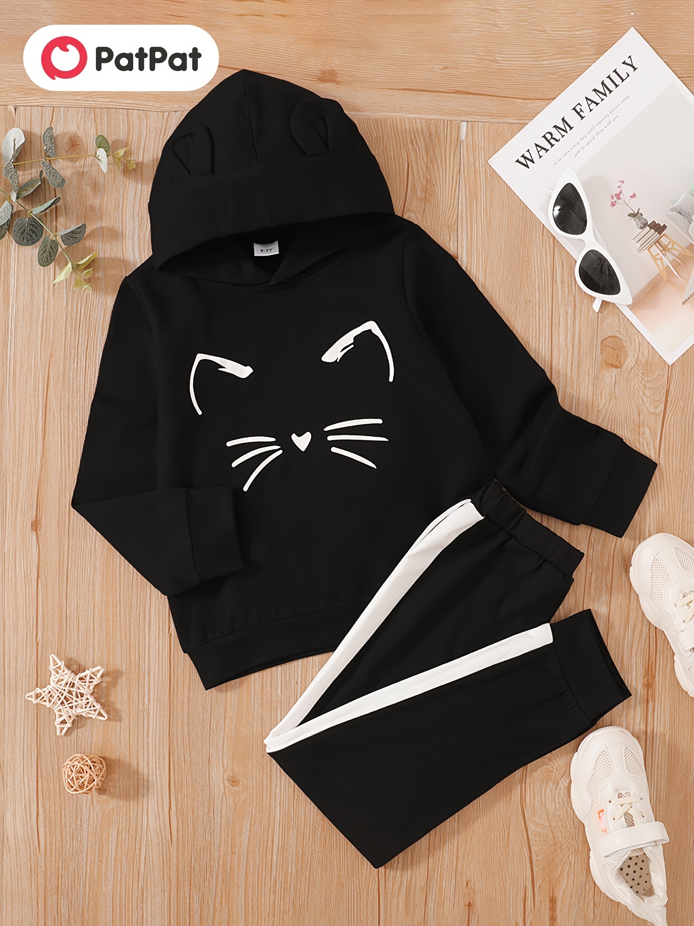2-piece Kid Girl Animal Cat Print Hoodie Sweatshirt and Colorblock