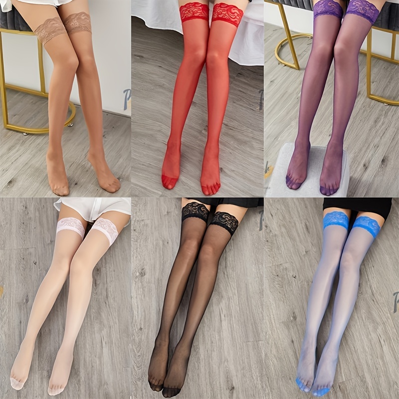 

6 Pairs Lace Thigh High Stockings, Floral Lace Trim Mesh Over The Knee Socks, Women's Stockings & Hosiery