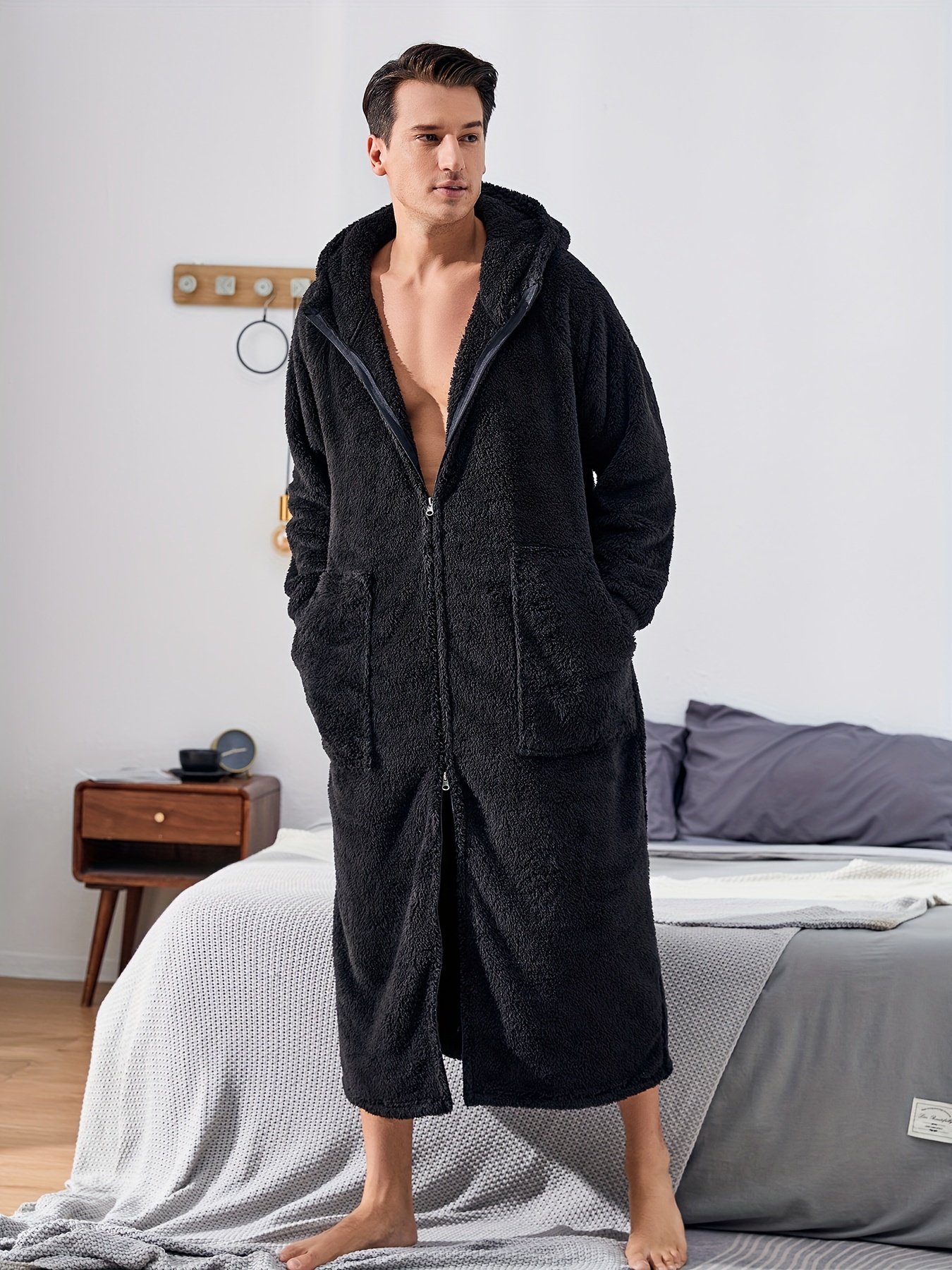 Women Men Luxury Sherpa Fleece Dressing Gown Robe Long Soft Warm Fluffy  Bathrobe Winter Fuzzy Housecoat with Jacquard