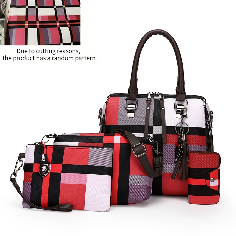 Plaid Pattern Bag Set, Women's Colorblock Handbags With Crossbody