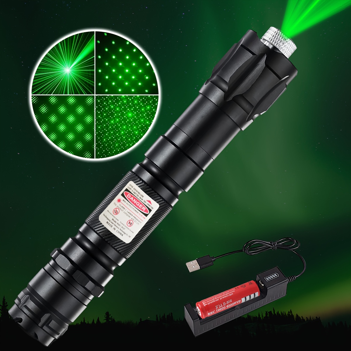 Ce Pointeur Laser Vert comprend une batterie au lithium intégrée,  rechargeable par USB.