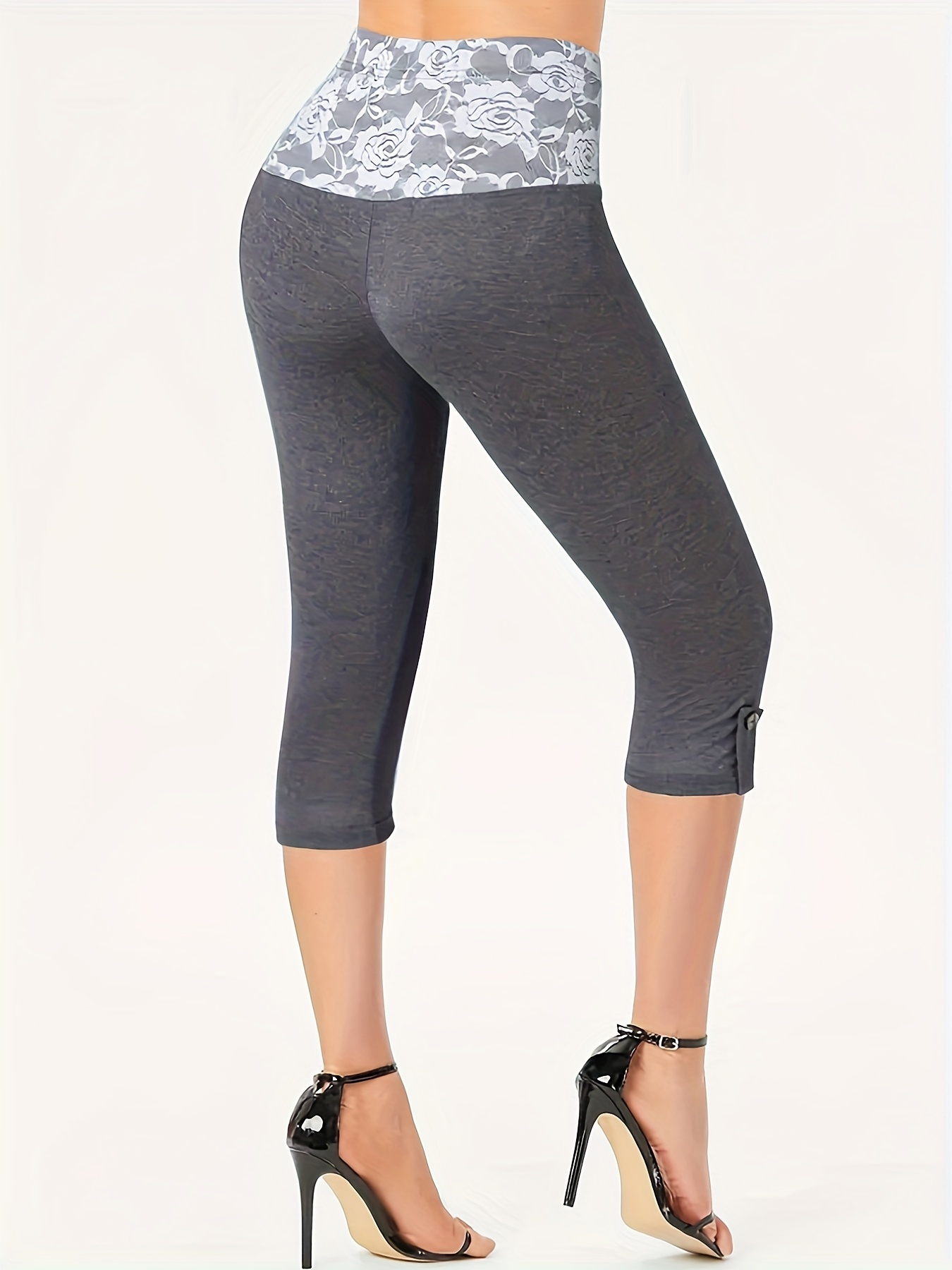 Plus Size Casual Leggings, Women's Plus Grommet Lace Up Skinny High Stretch  Capri Leggings