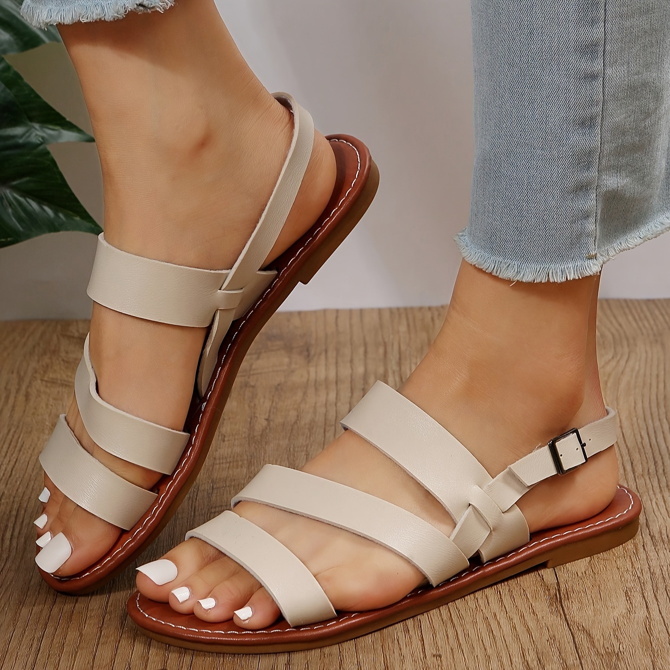 Flat with buckle open hot sale toe strappy plain sandals