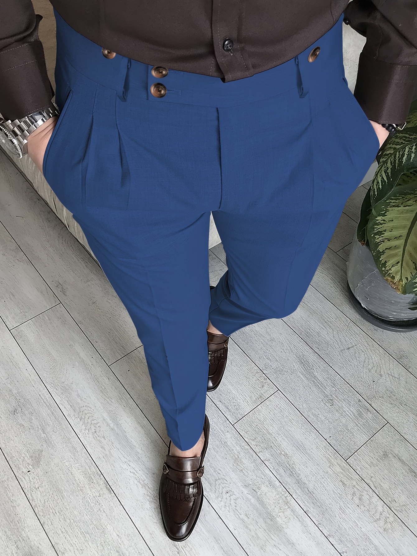 Slim Fit Solid Color Slacks Men's Casual Vintage Style High - Temu Canada