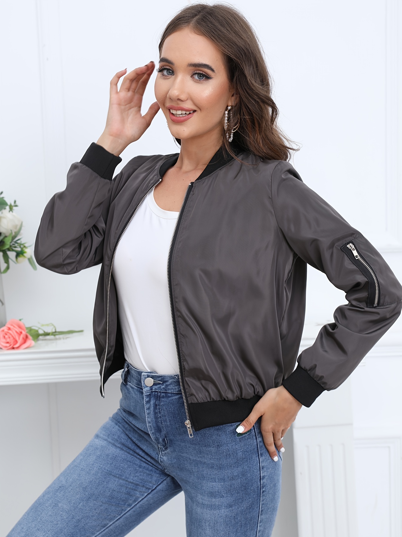 Chalecos De Mujer De Vestir, Fall Bomber Jackets for Women 2023 Trendy Zip  Up Graphic Printed Outwear Coats Long Sleeve Slim Fit Jacket Shirts Sherpa  Jacket 