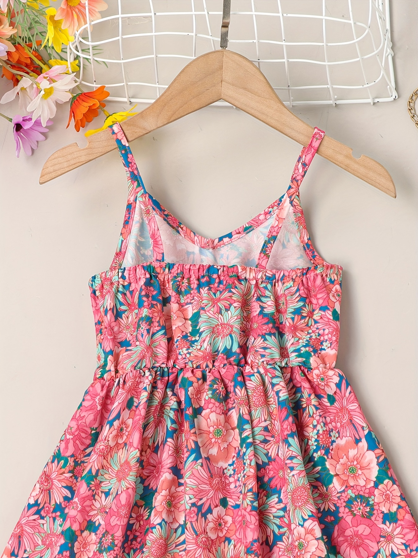 little girls cute sundress floral pattern party beach dress v neck elastic waist camisole dress for summer details 18