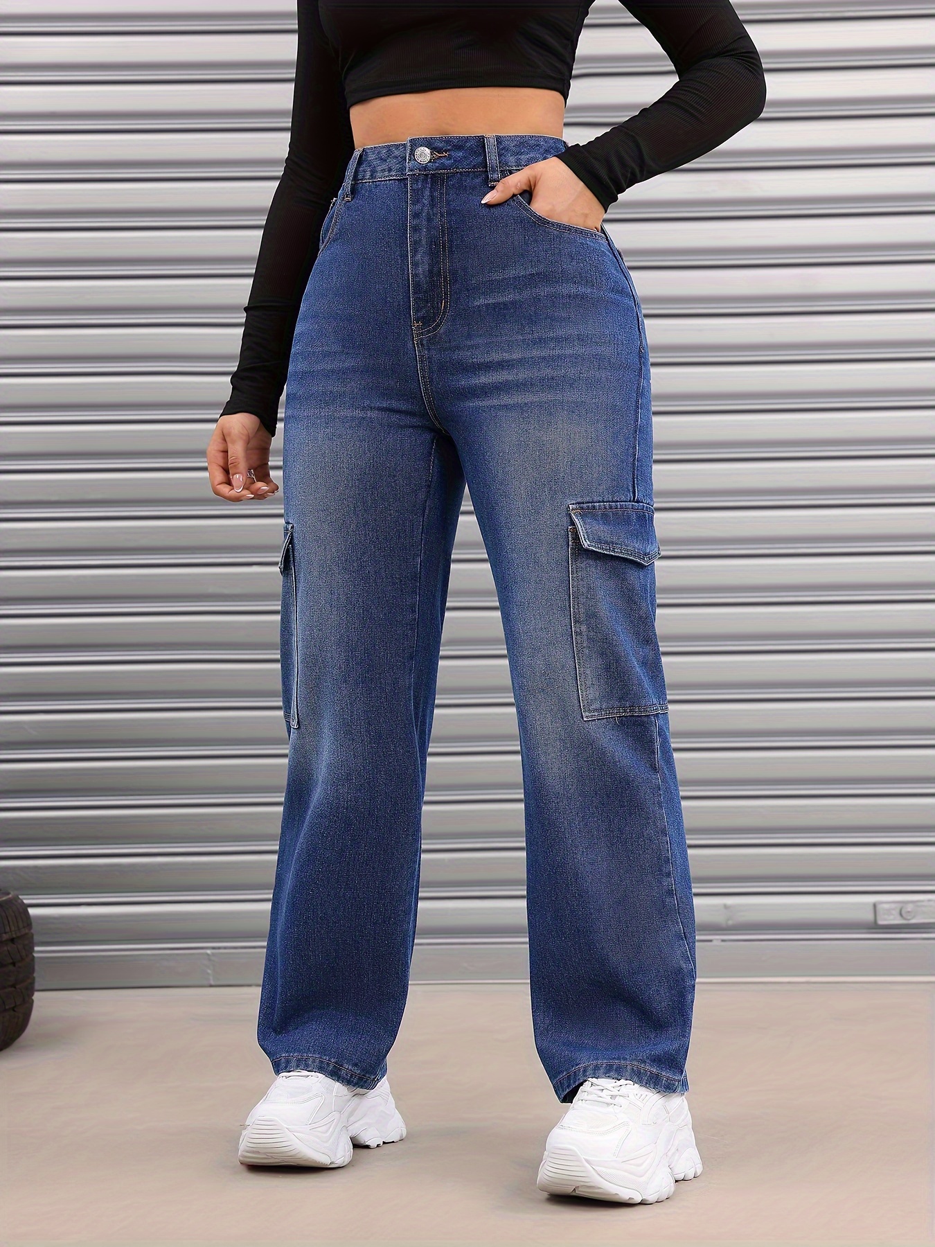Calça jeans feminina casual solta com botão rasgado e bolso com zíper perna  reta perna larga tamanho 20 calças para mulheres, Azul, P
