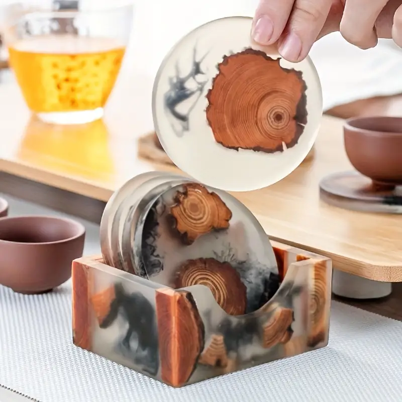 Wood And Resin Coasters With Extra Holder Kung Fu Tea Cup - Temu