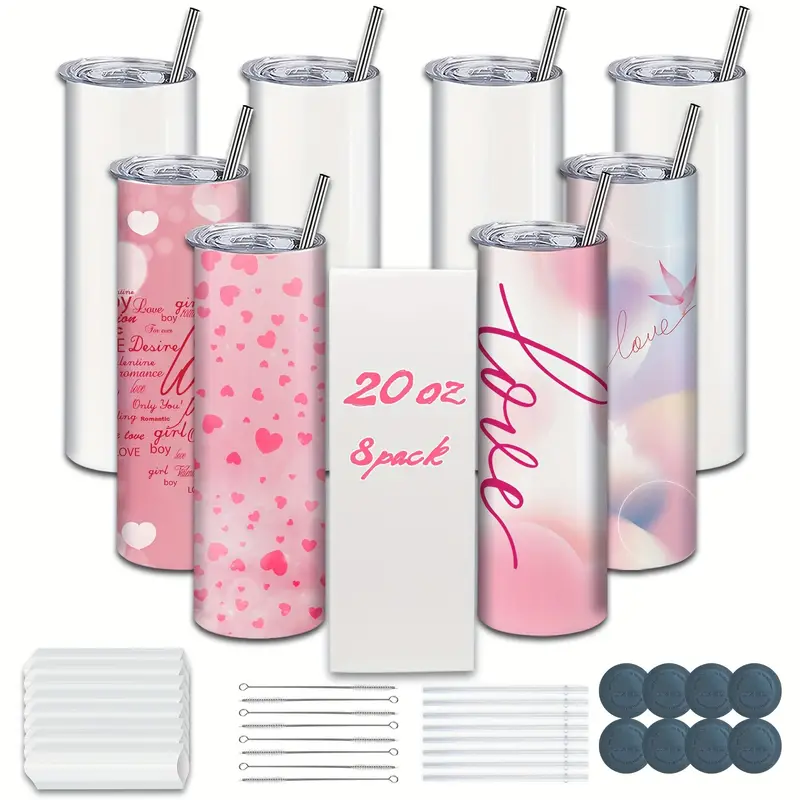 8pcs, Straight Sublimation Tumblers Bulk 20 Oz Skinny, Stainless Steel  Double Wall Insulated Tumbler Cups Blank