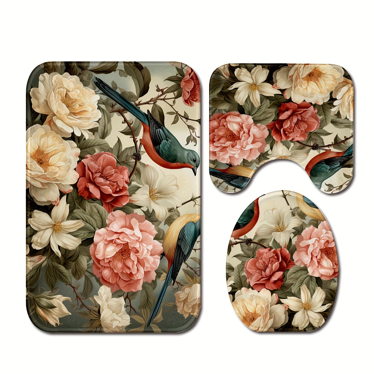 

3pcs/set Flower And Birds Printed Floor Mat, Three-piece Bathroom Mat Set, Non-slip Mat, Water-absorbent Mat, Toilet Lid Mat, Toilet U-shaped Mat, Floor Rugs