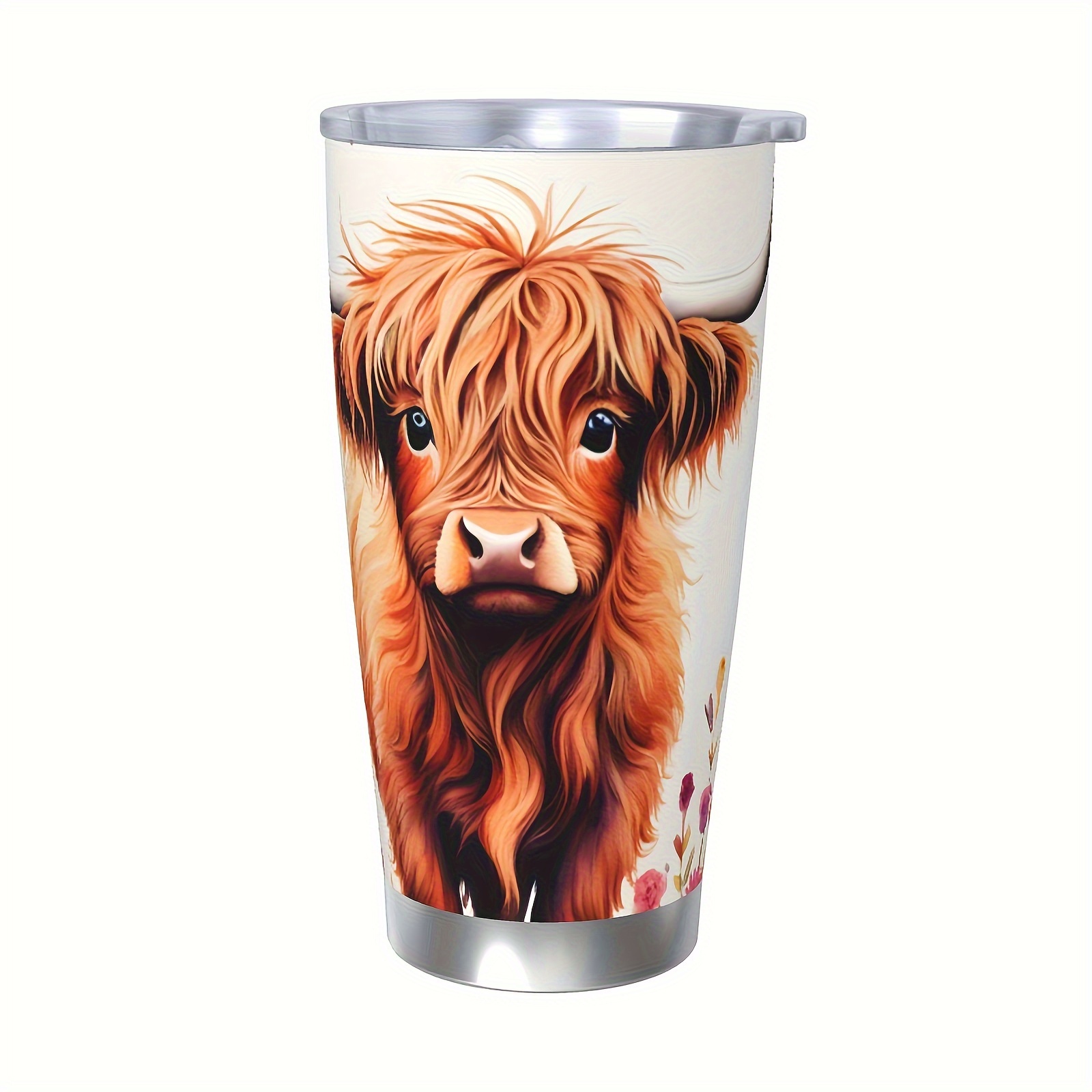 

1pc 20oz Stainless Steel Car Cup, Highland Cow Watercolor Print Design, Double-walled Vacuum Insulated Travel Coffee Cup With Lid Gifts For