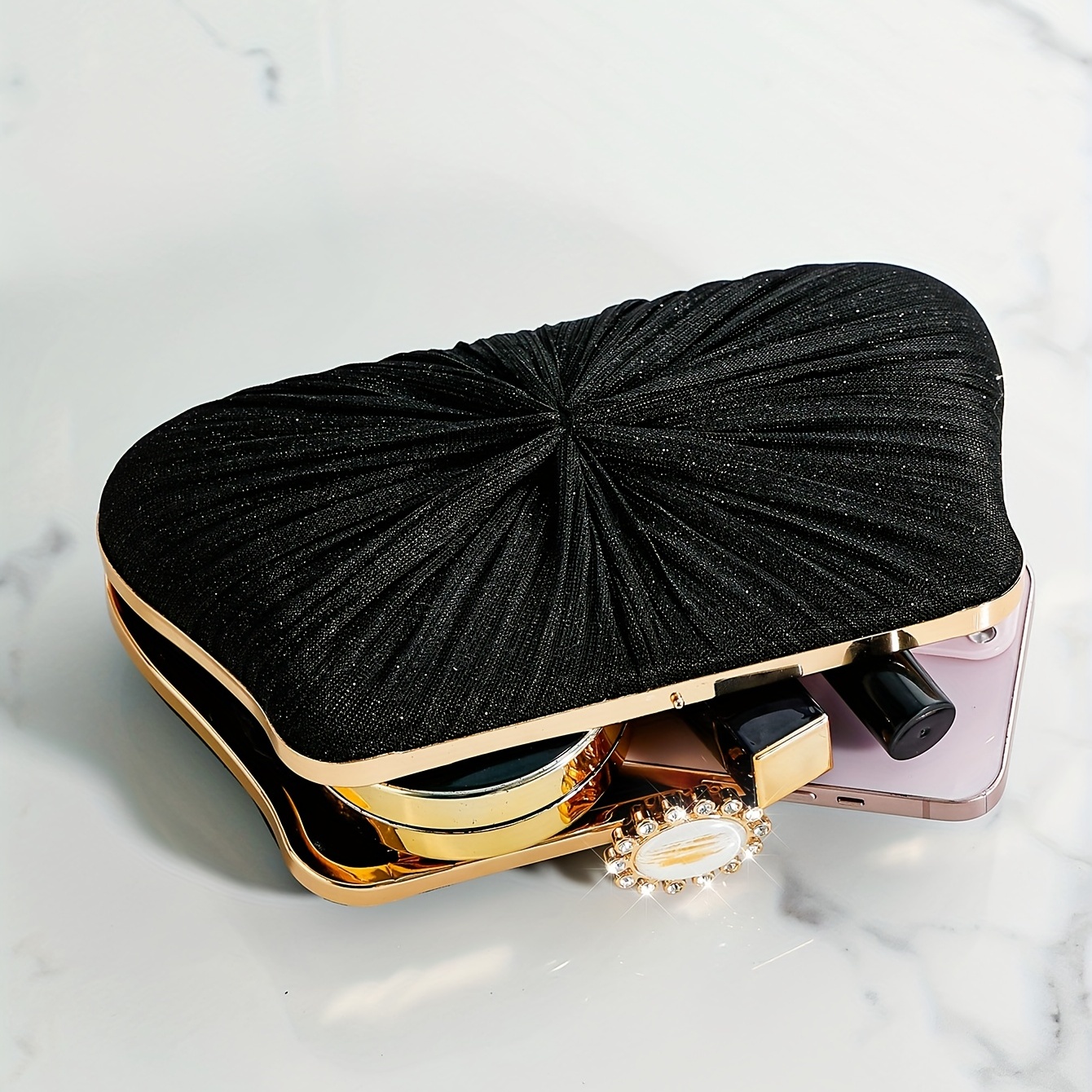 Elegant Rhinestone Glitter Chain Clutch Kiss Lock Purse