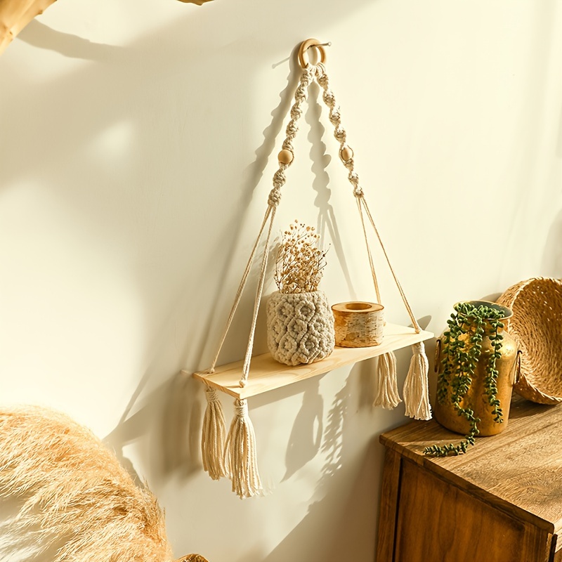 Swing Rope Wall Hanging Shelves Wood Kitchen Shelf 3 Tiers Rustic Storage  Rack