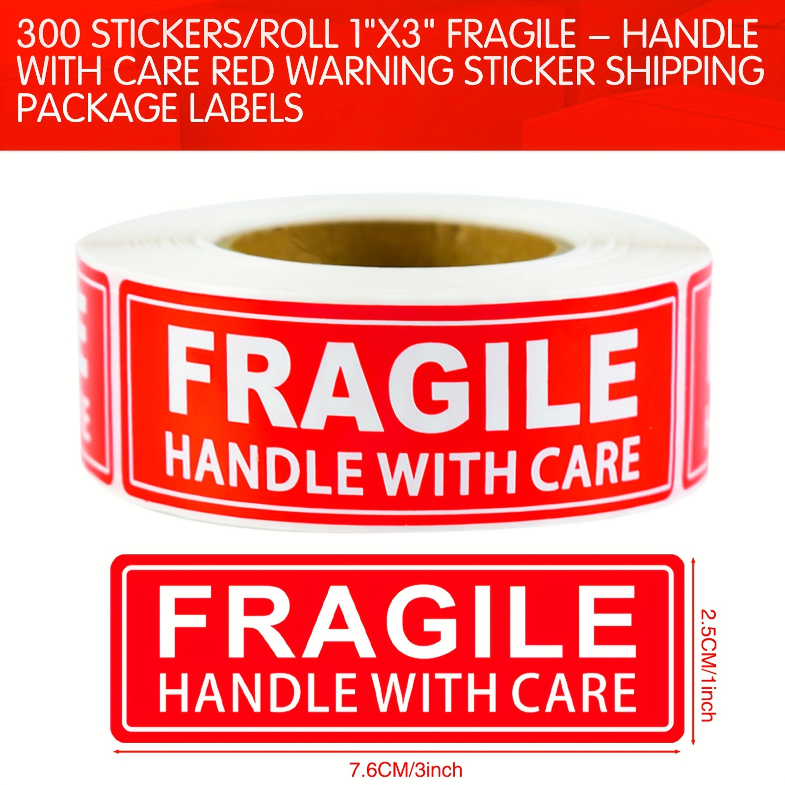 

300 Sheets/roll 1 * 3in Fragile - Handle With Care Red Warning Stickers Warning Box Packaging Transport Stickers Transport Warning Label Stickers, Do Not Bend Label Stickers