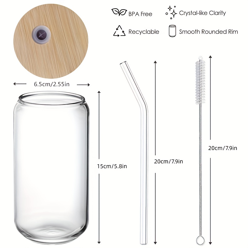 Glass Cups with Bamboo Lids and Straws, 16 oz Drinking Glasses 4pcs Set,  Iced coffee Cup Coffee Bar Accessories, Beer Can Glass Coffee Cups with Lids  and Glass Straws, Birthday Gifts 