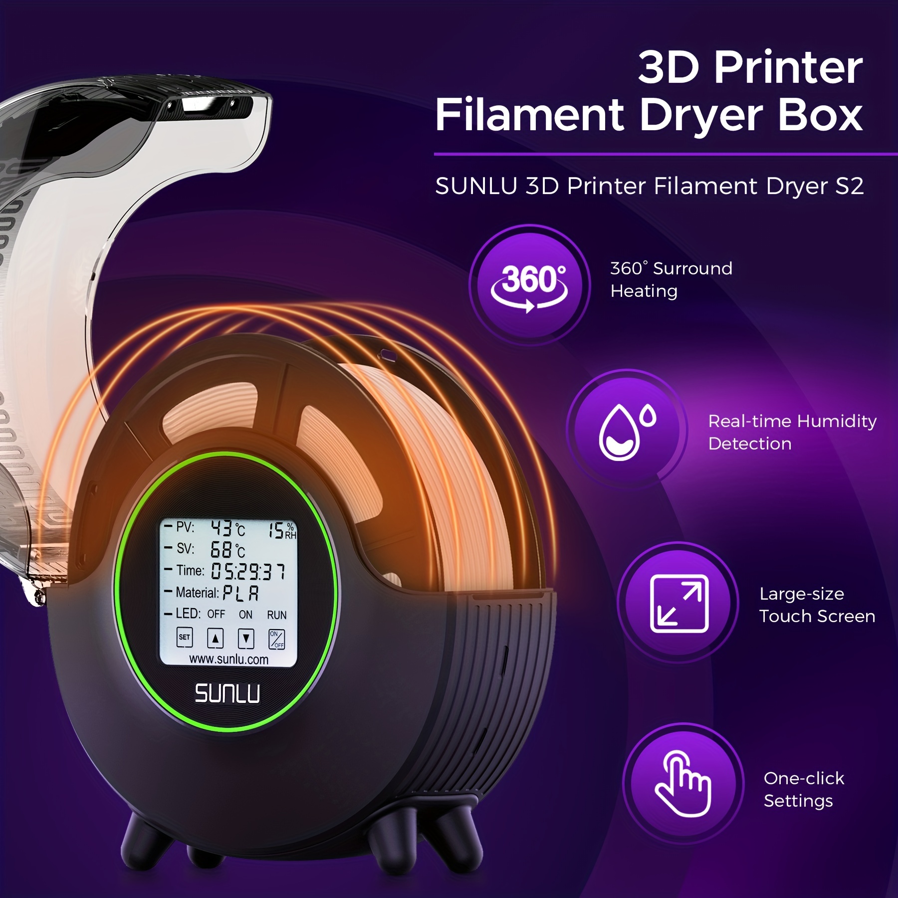 SUNLU Upgraded S2 Filament Dryer Box with Fan, 360° Heating, Real-time  Humidity Display, 3D Printer Filament Dehydrator for PLA, TPU, PETG, ABS,  ASA