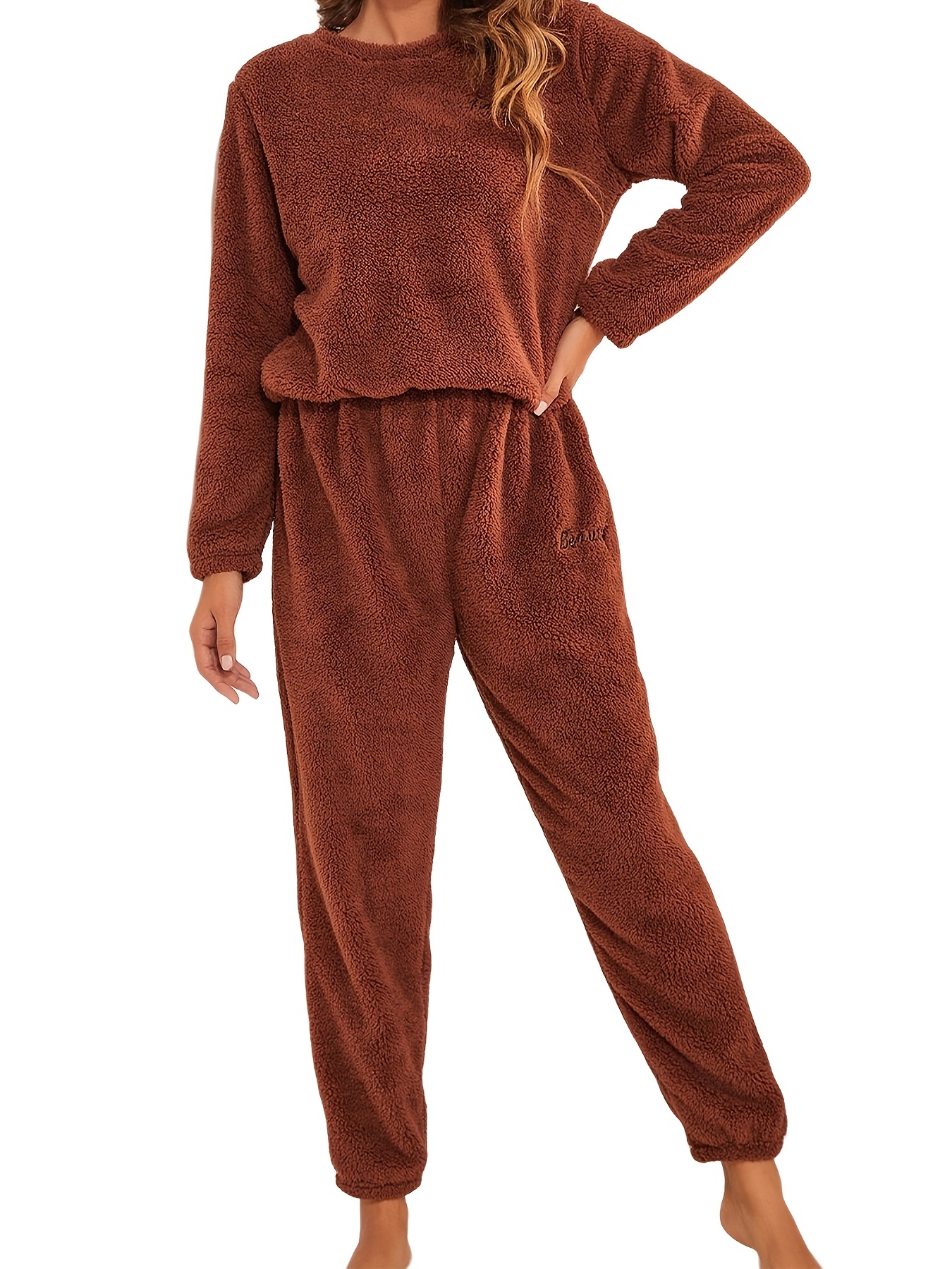 Women's Autumn Winter Warm Striped Plain Color Pajamas Set - Temu