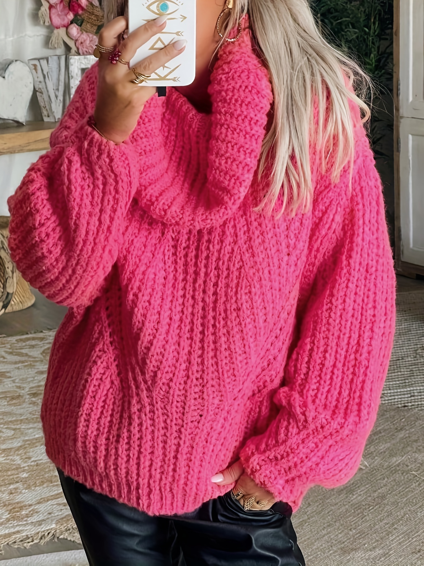 Plus Size Casual Sweater, Women's Plus Plain Ribbed Long Sleeve Turtle Neck  Loose Fit Pullover Jumper