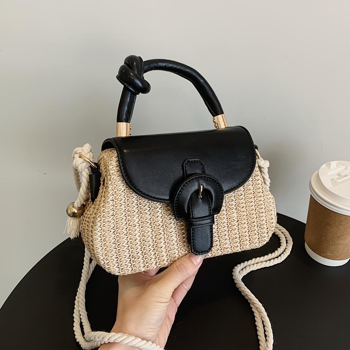 Mini Straw Handbag, Braided Strap Crossbody Bag, Knot Handle Flap