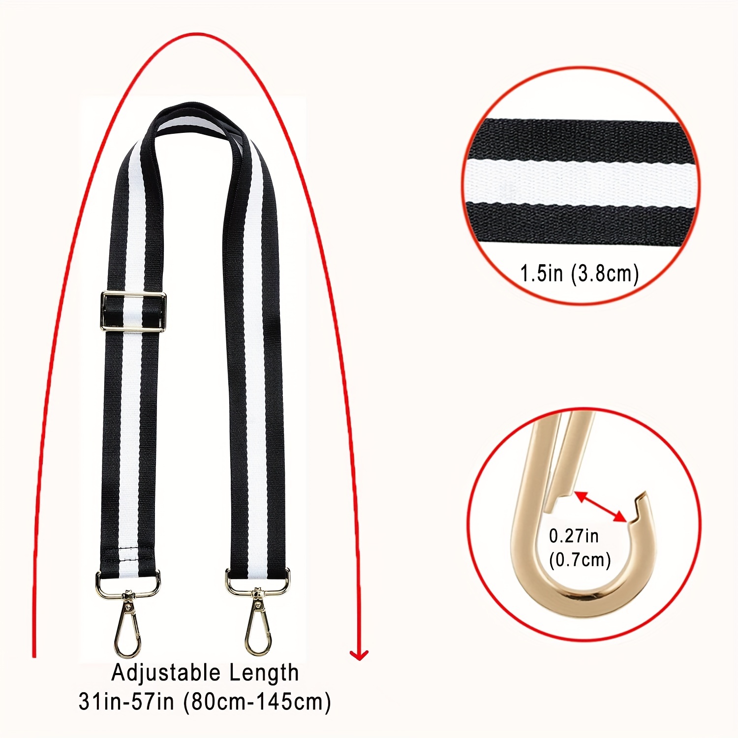 Removable Handbag Strap: Black & White Adjustable Striped