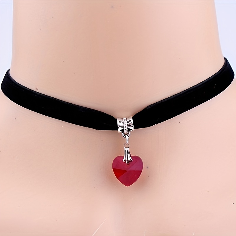 retro necklace accessories, gothic velvet heart crystal choker gothic pendant necklace retro necklace accessories details 2