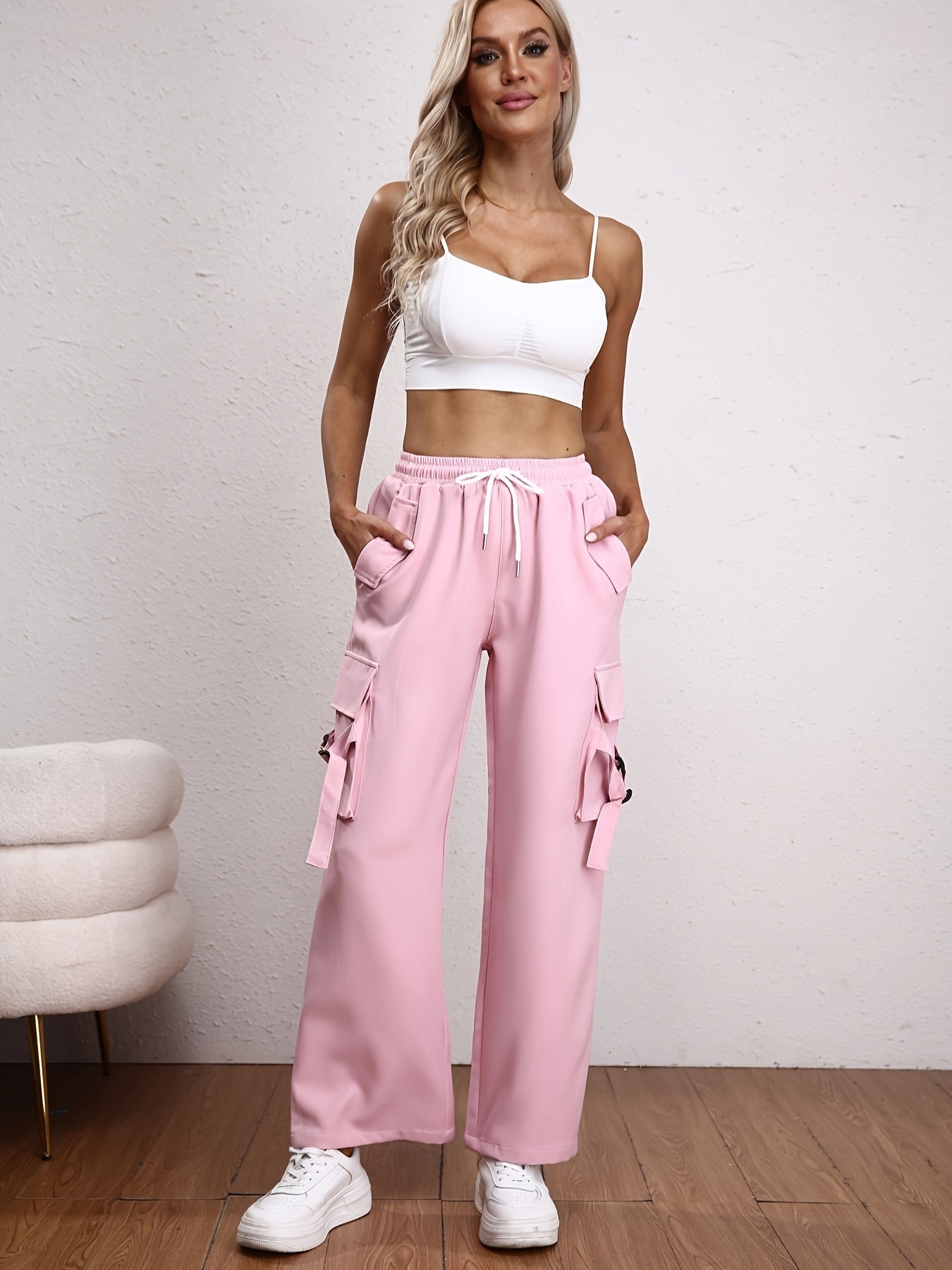 Solid Pockets Drawstring Long Length Pants, Street Casual Baggy Cargo  Pants, Women's Clothing