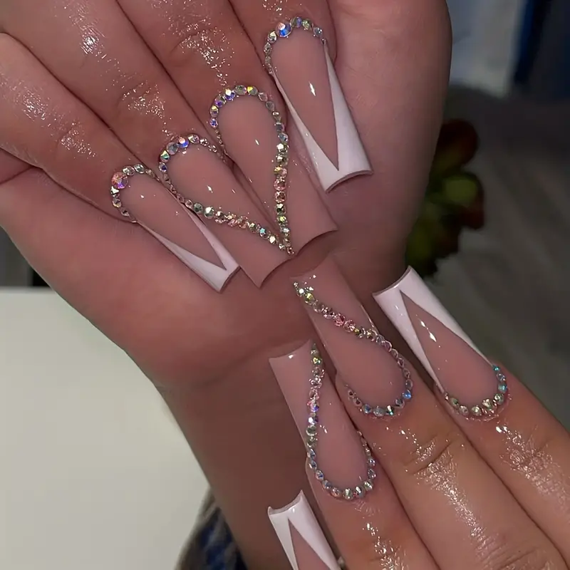 Long Coffin Fake Nails White French Tip Press On Nails - Temu