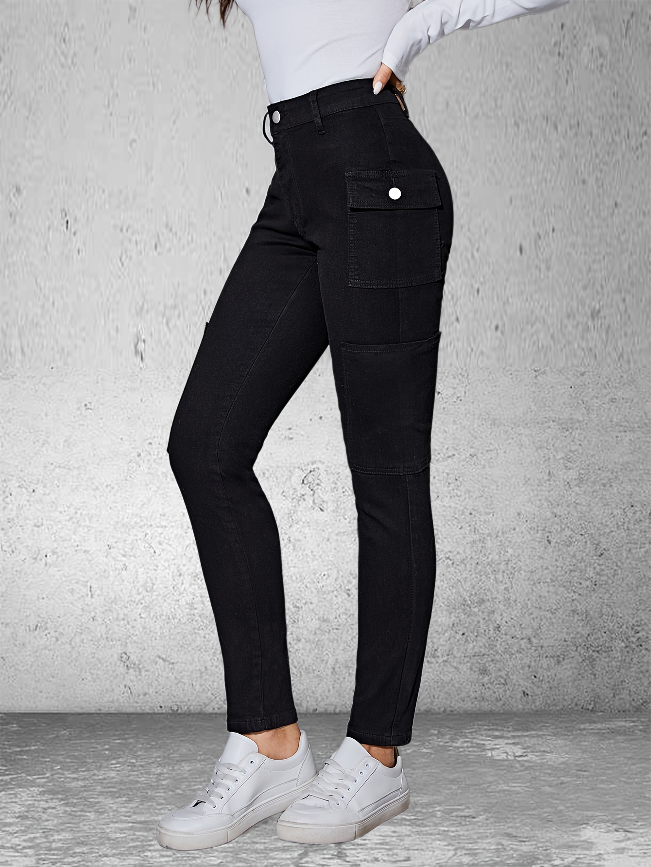 Black Multi pocket Skinny Jeans Slim Fit Mid stretch Cargo - Temu Canada