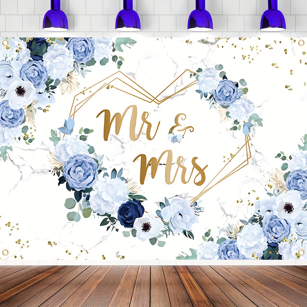 

1pc, Bridal Shower Mr. And Mrs. Floral Background Cloth Banner, Polyester Blue And White Flower Party Supplies Cake Table Indoor Outdoor Hanging Flag 70.8x43.3inch/82.8x59.0inch