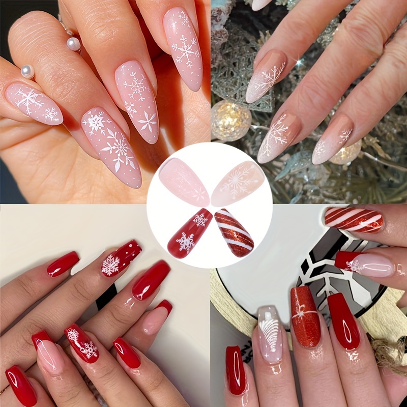 Glossy Medium Ballet Fake Nails Red Glitter French Tip Press - Temu