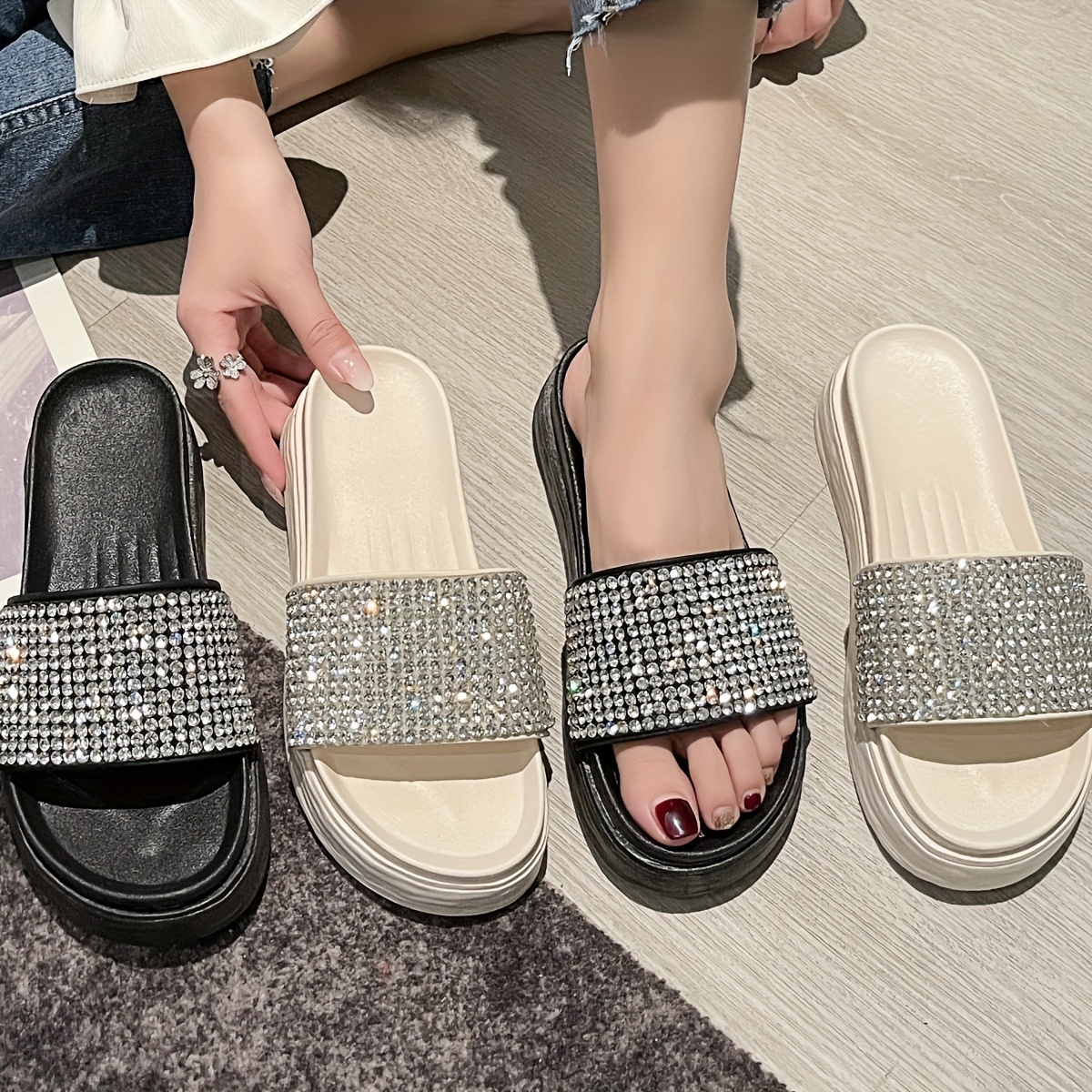 Glitter Slippers Women Summer Checkered Sandals Fashion Bling Female Flip  Flops Platform Slide Outdoor Beach Diamond Flat Shoes