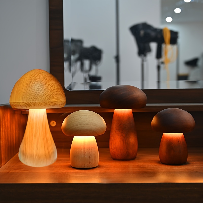 1 Stück LED Kreative Pilz Tischlampe Holz Schreibtischlampe - Temu