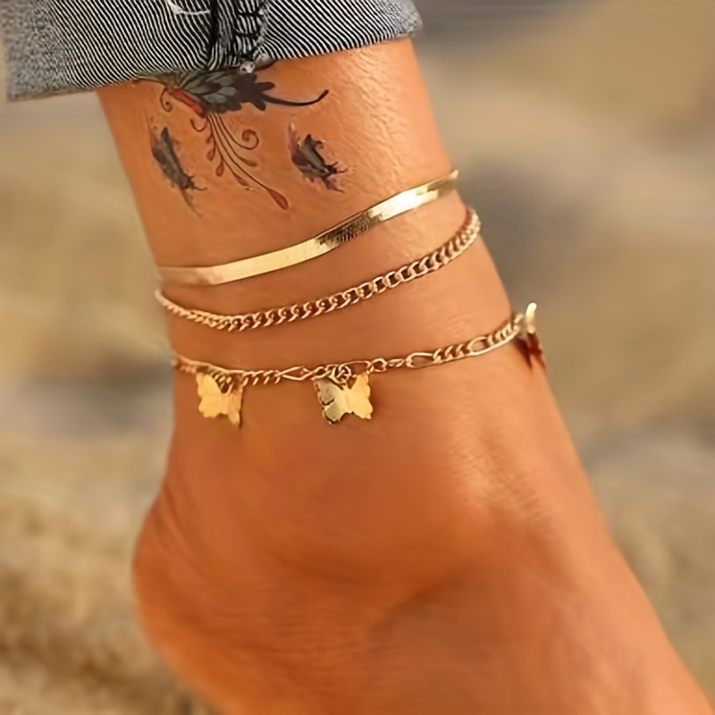 3pcs Butterfly Snake Chain Anklet Set