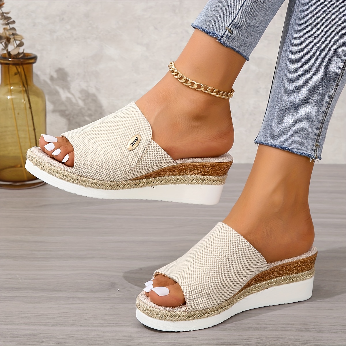 

Women's Solid Color Platform Sandals, Slip On Comfy Summer Slides Shoes, Versatile Wedge Casual Shoes