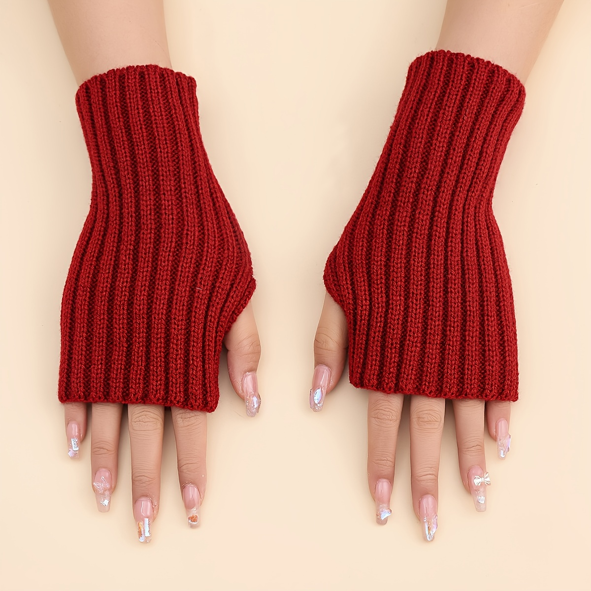 

Simple Vertical Stripes Knit Gloves Short Half Finger Stretchy Gloves Women's Autumn Winter Warm Fingerless Writing Gloves