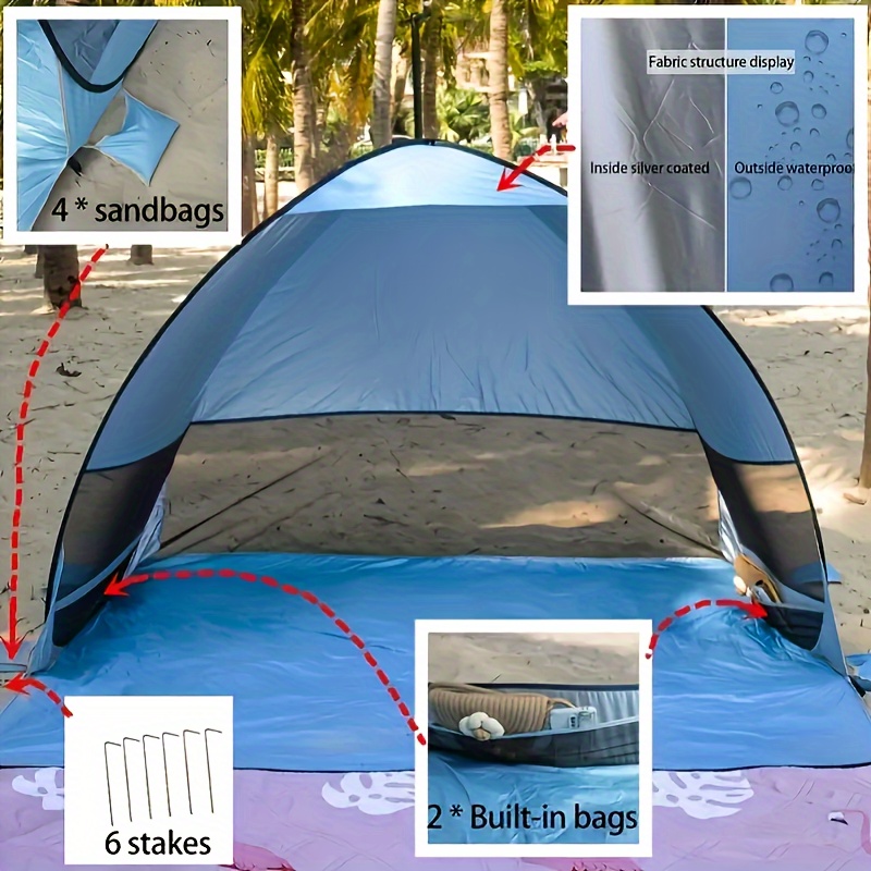 Portable Beach Tent 2-3 Adults UPF 50 Lightweight Shelter for Camping