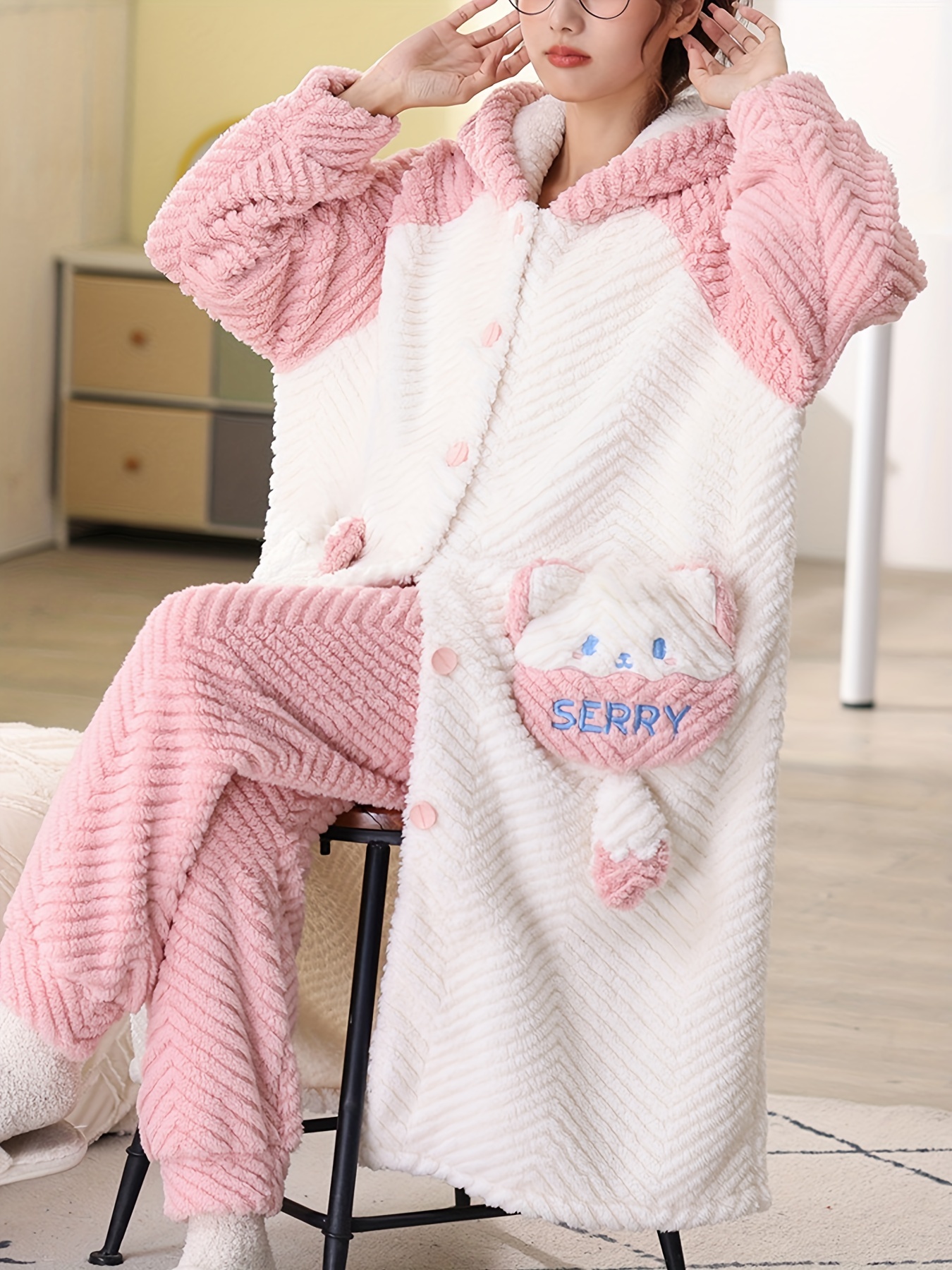 Unicorn Cute Teddy Comfortable Hooded Bathrobe, Warm & Fuzzy Hooded Lounge  Robe With Pockets & Lounge Pants, Women's Sleepwear