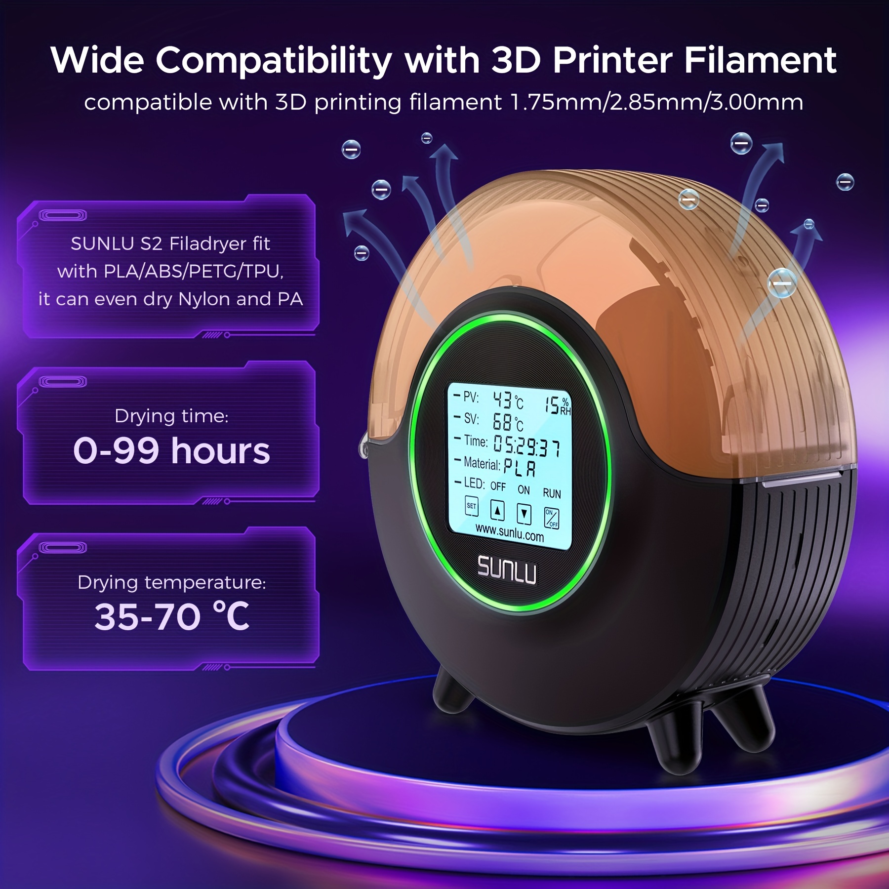 SUNLU Upgraded S2 Filament Dryer Box with Fan, 360° Heating, Real-time  Humidity Display, 3D Printer Filament Dehydrator for PLA, TPU, PETG, ABS,  ASA