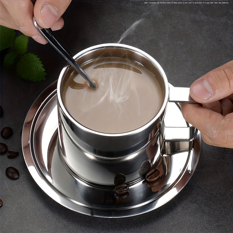 Fdit Juego de tazas de café antiquemaduras de acero inoxidable - Taza de té  de café con leche de acero inoxidable con platillo y cuchara