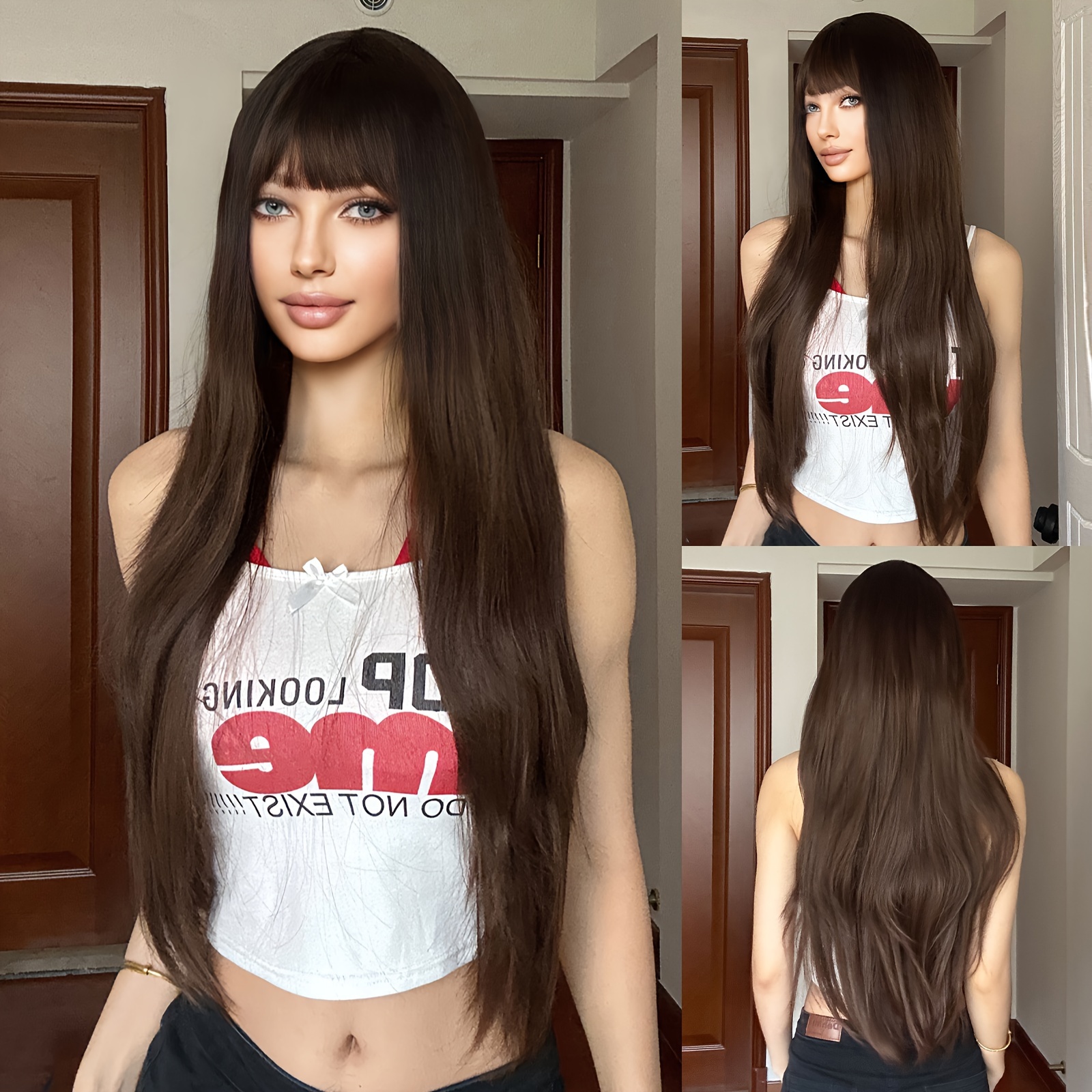 Dark Brown Long Straight Hair Bangs Elegant Beautiful Temu Canada