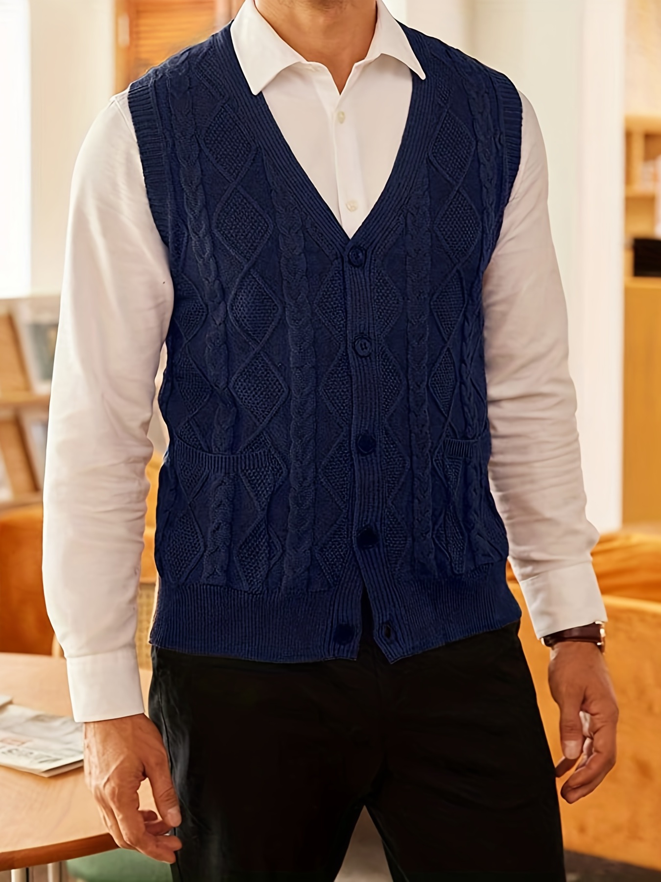 Plus Size Mens V Neck Vest Cable Knit Silm Fit Sleeveless Casual Button Cardigan Vest - Men's Big & Tall - Temu Kuwait